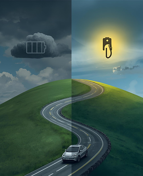 “A winding hill road with an EV traveling on it, one side showing worry (dark clouds with