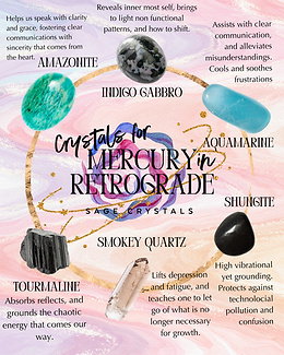 A visual graphic of crystals for mercury retrograde with descriptions of each stone