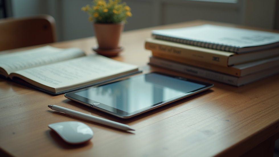 High angle view of a desktop with educational books and a tablet