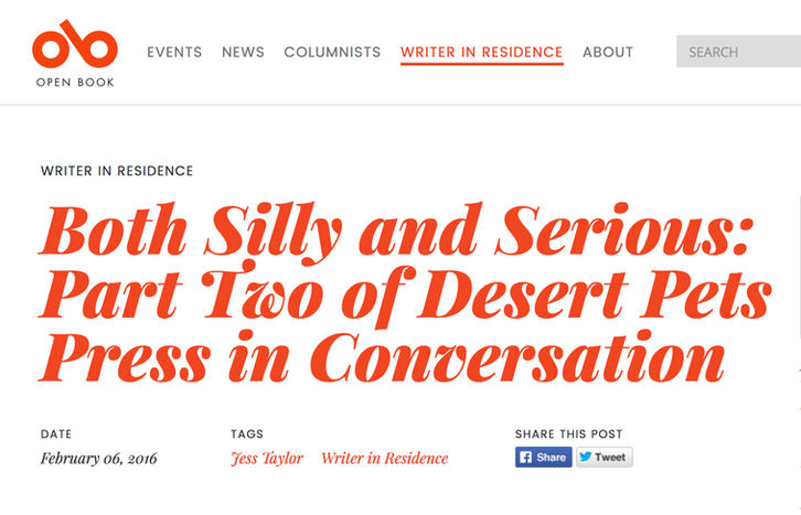 INTERVIEW: PART 2 - Desert Pets chats with Jess Taylor, writer in residence at Open Book TO!