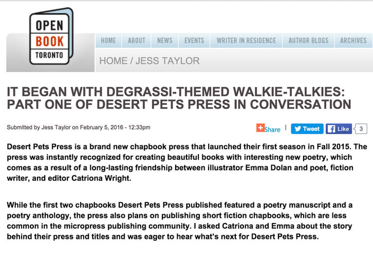 INTERVIEW: Desert Pets chats with Jess Taylor, writer in residence at Open Book TO! Check it out!!
