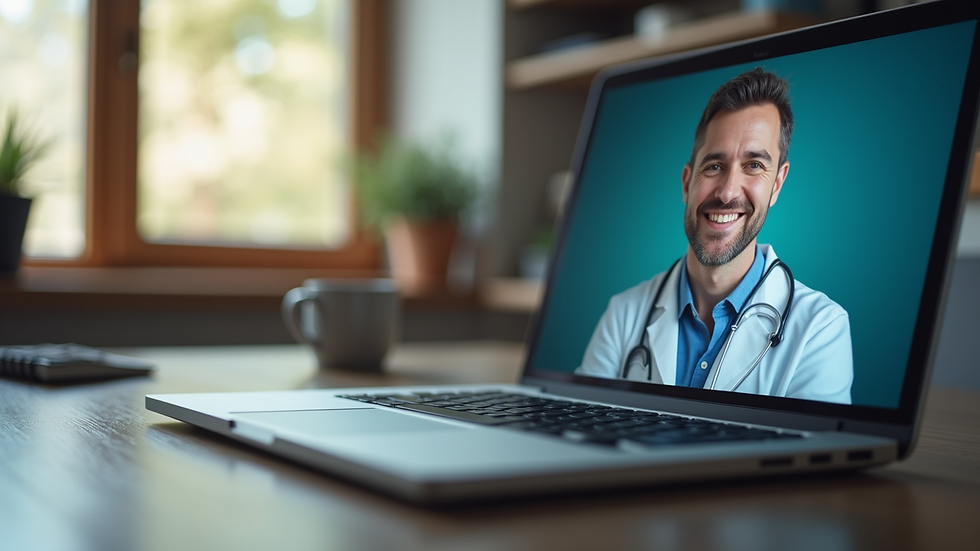 Eye-level view of a laptop showing a video call with a doctor