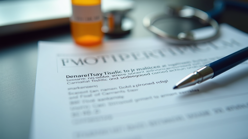 Close-up view of a medical certificate and prescription on a desk