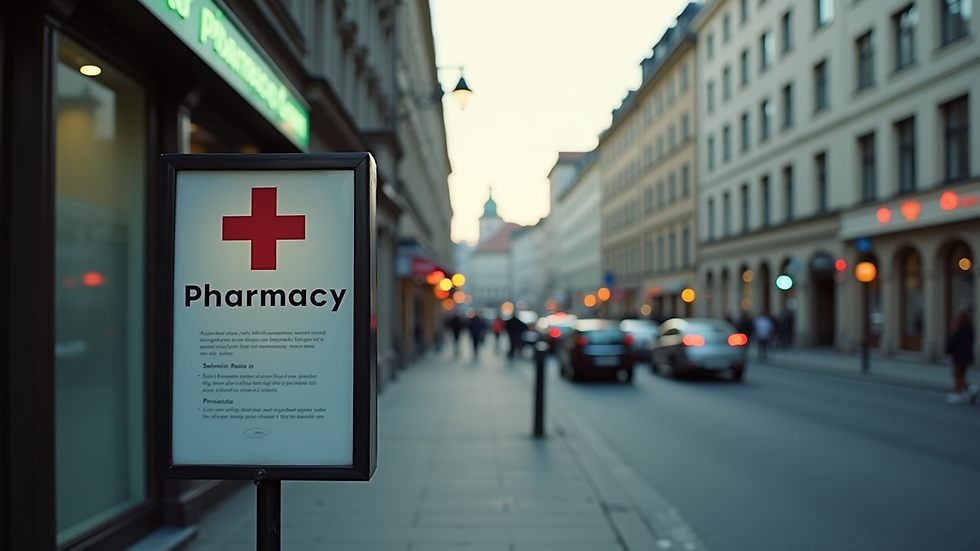 high angle view of a Berlin street with a pharmacy sign