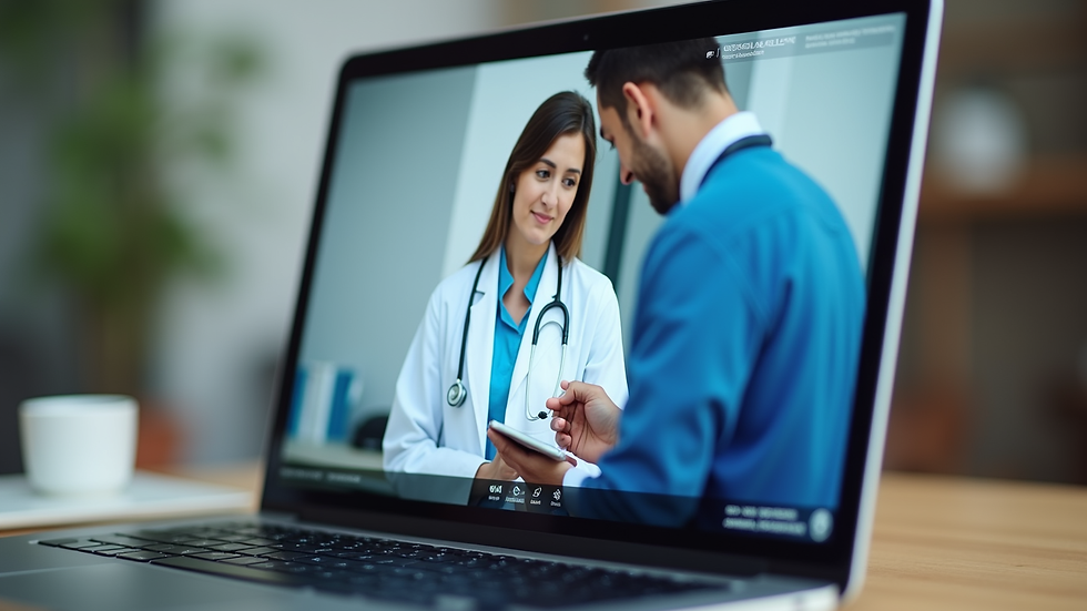 Close-up view of a laptop screen showing a telemedicine consultation
