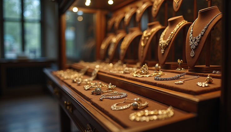 Eye-level view of an antique jewelry display case with various estate pieces