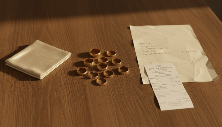 Overhead view of gold rings, receipts, and a soft cleaning cloth on a table