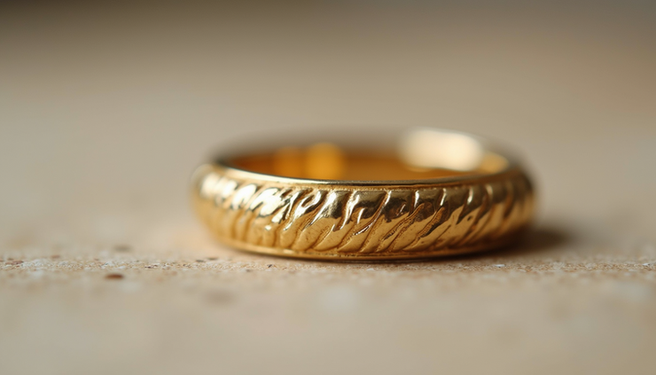 Close-up view of a handcrafted custom gold ring with intricate detailing
