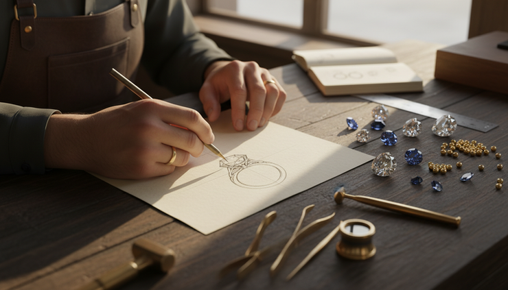 Close-up view of a jeweler sketching a custom ring beside loose gemstones.