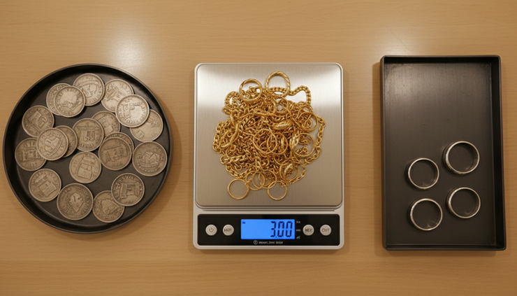 Overhead view of gold jewelry being weighed on a digital scale.