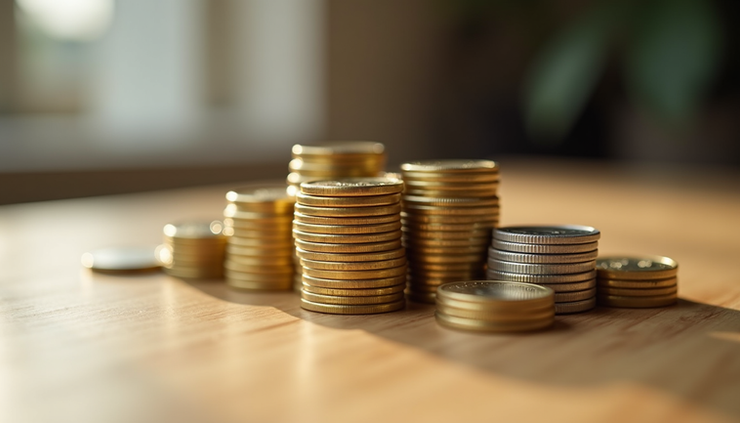 Close-up view of stacked gold and silver coins on a wooden surface