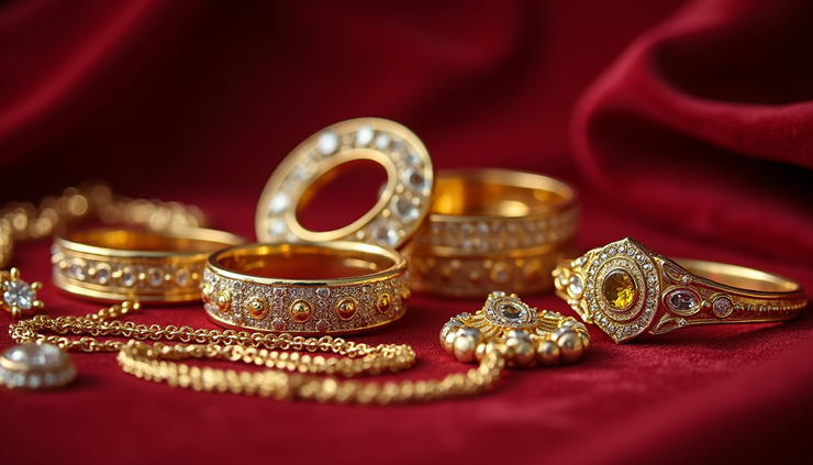 Eye-level view of assorted vintage gold jewelry pieces on a velvet cloth