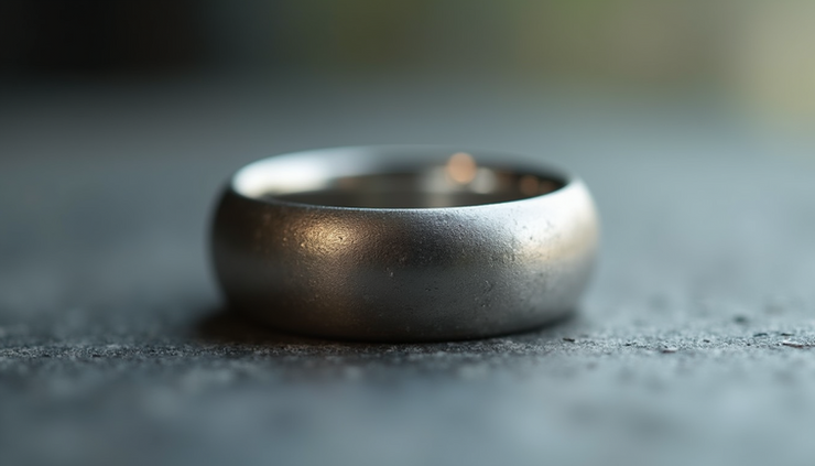 Close-up view of a platinum ring showing a soft matte patina finish