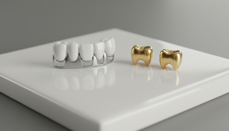 Eye-level view of a white dental bridge beside yellow crowns