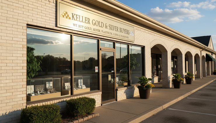 Eye-level view of a neighborhood jewelry storefront with a small gold buying sign