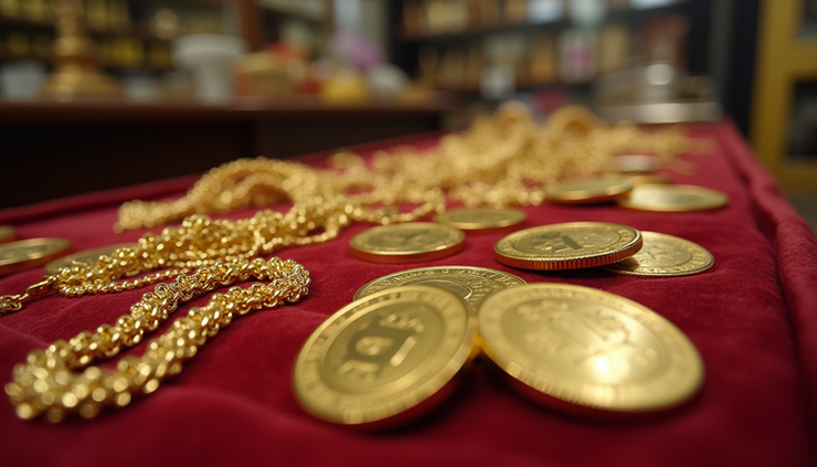 Eye-level view of gold jewelry and coins displayed on a velvet cloth in Keller TX shop