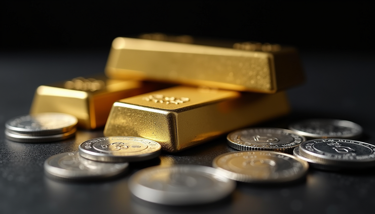Eye-level view of gold bars and silver coins arranged on a dark surface