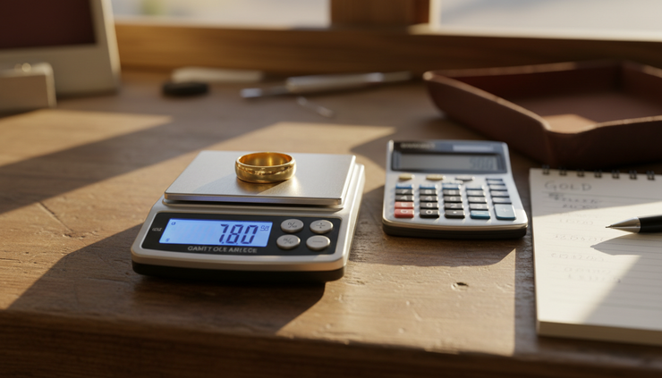 Close-up of a digital scale weighing a gold ring beside a calculator