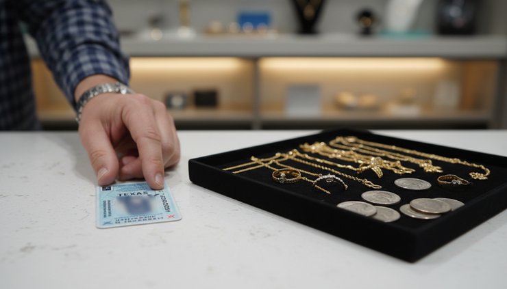 Eye-level view of a hand placing a Texas driver’s license beside a tray of gold jewelry.