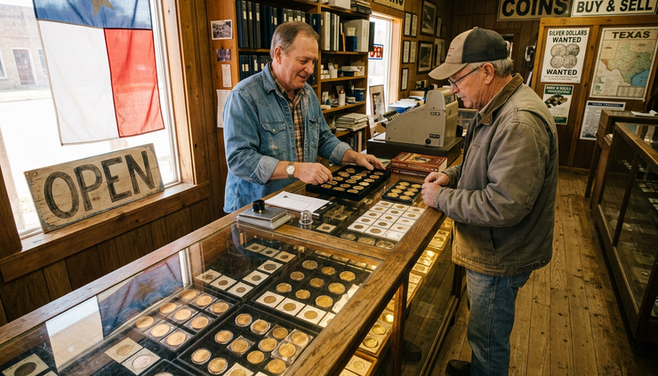 Wide-angle view of a local coin shop counter with gold coins in display trays.