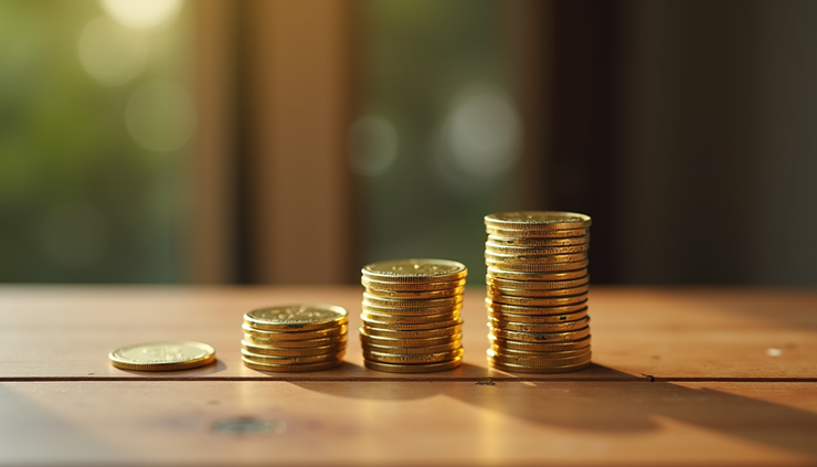 Close-up view of gold coins stacked on a wooden table in Keller TX