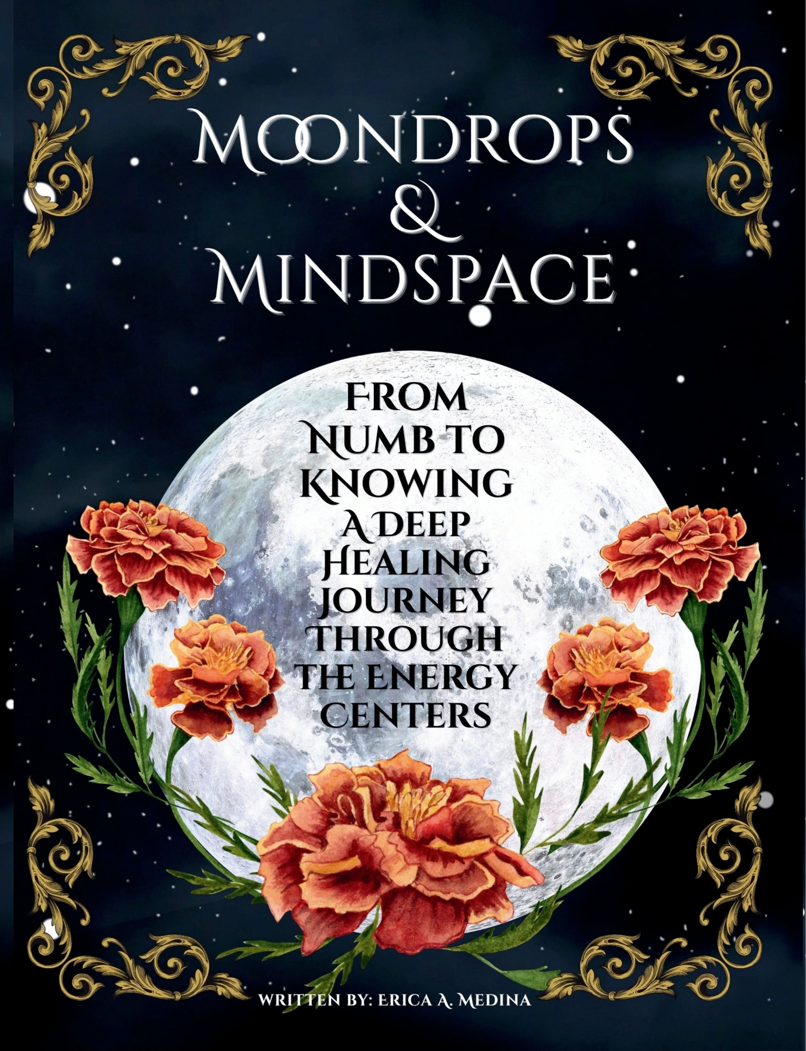 Moondrops & Mindspace book cover - moon and marigolds