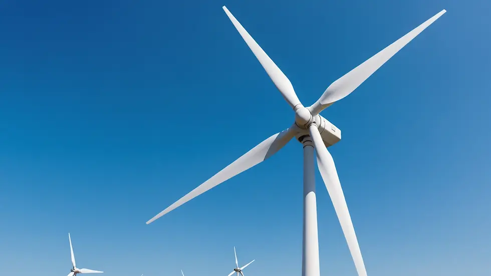 Wide angle view of an electrical wind turbine under a clear blue sky
