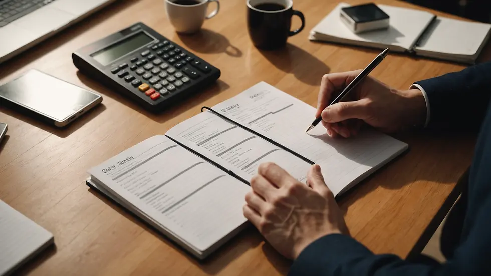 High angle view of a person studying salary data on a notepad
