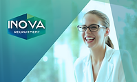We Hire Professionals in All Industries Inova Recruit - Image of a smiling business woman with the Inova Recruitment Logo in the Top Left corner. Colors themed blue green and white.