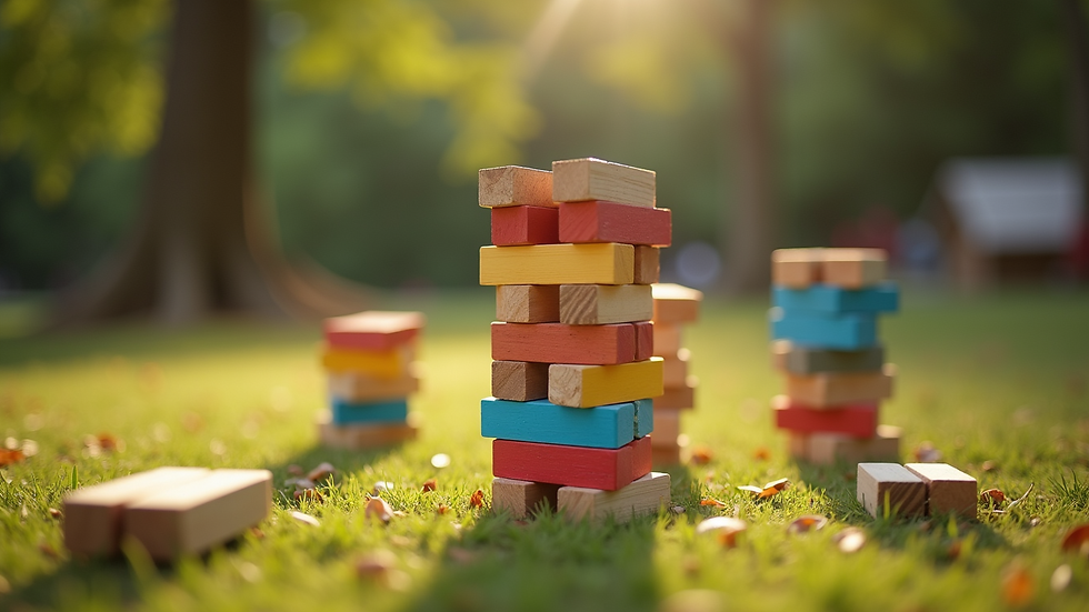 High angle view of colorful giant Jenga game set up outdoors