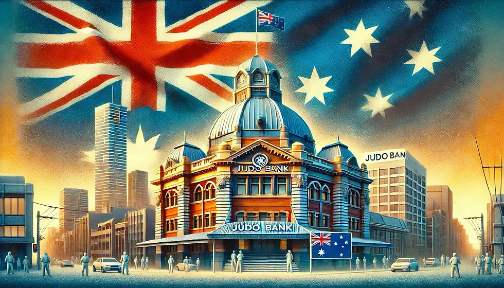 Image designed by Financialist, Australian flag in the background, Judo Bank in the front, people walking