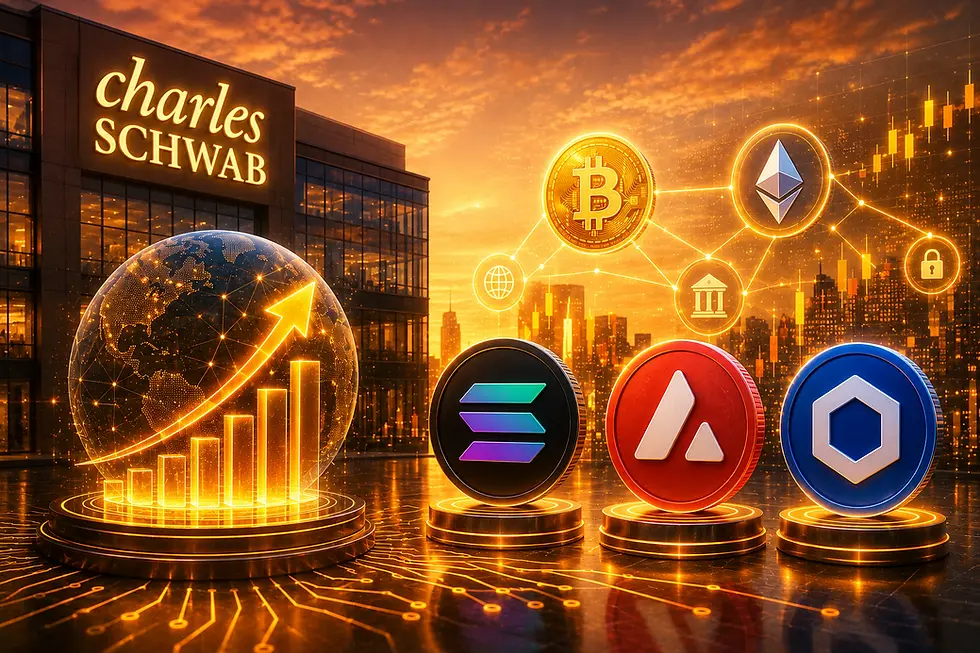 Glowing Charles Schwab building with Bitcoin, Ethereum and crypto coins over a sunset city skyline and rising market chart.
