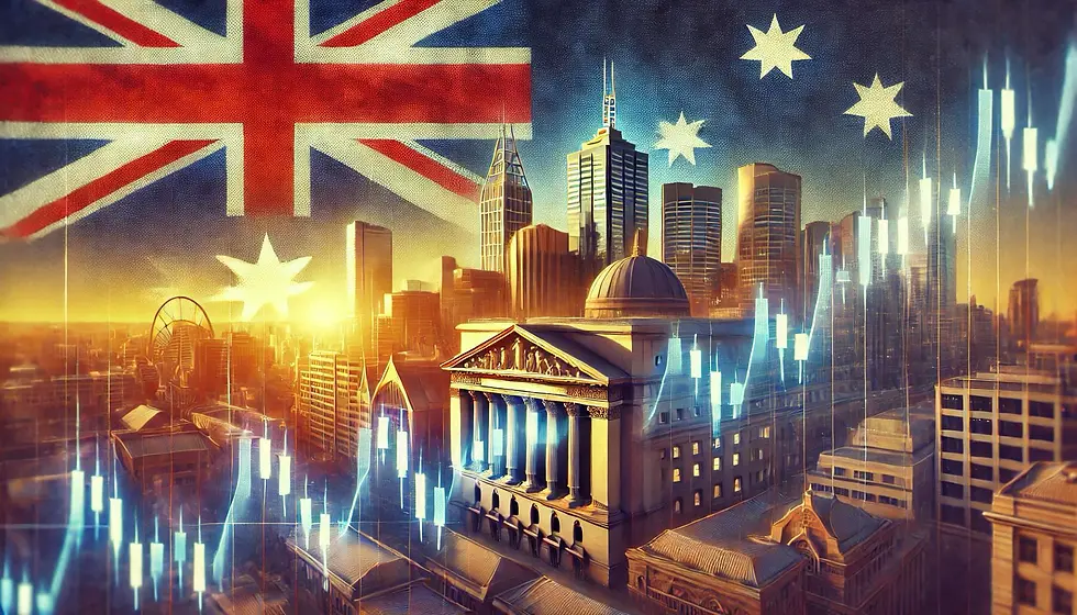 Image designed by Financialist, Australian flag in the background, financial buildings, sunshine behind the buildings, candle light sticks declining