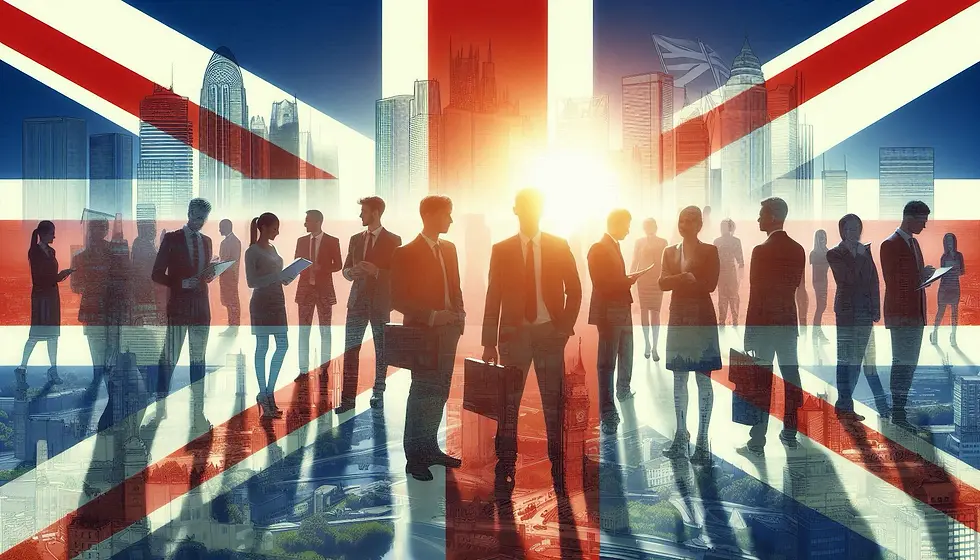 Group of investment bankers standing, sunlight, financial buildings blended on the UK flag in the background