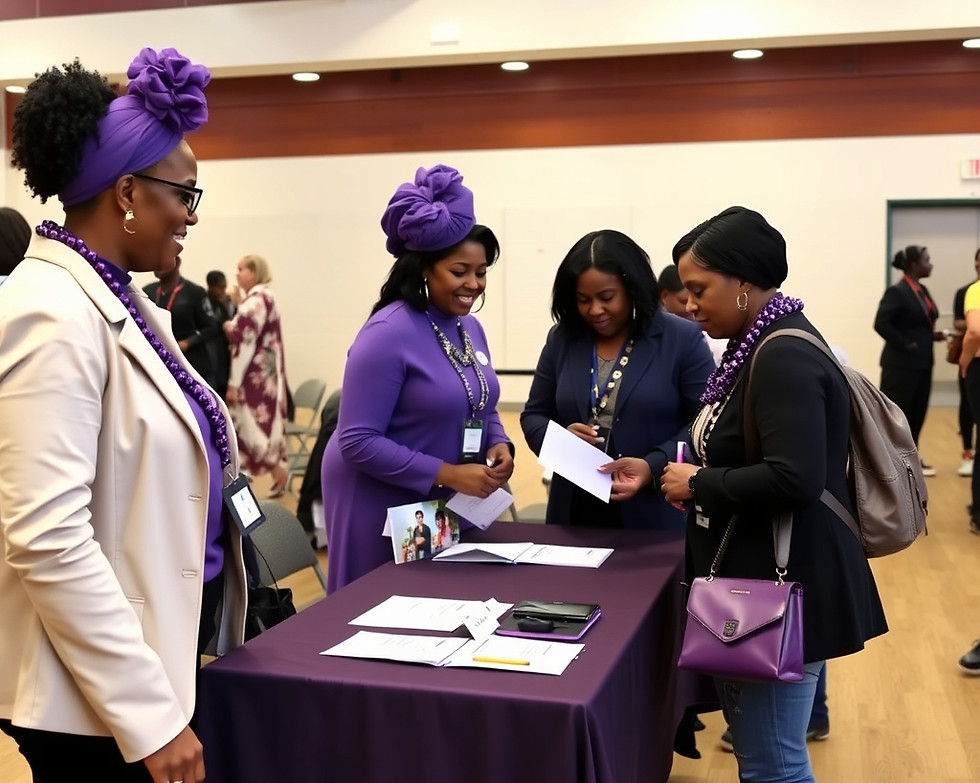 black women wearing purple at a sign up table getting others to join their organization.jpg