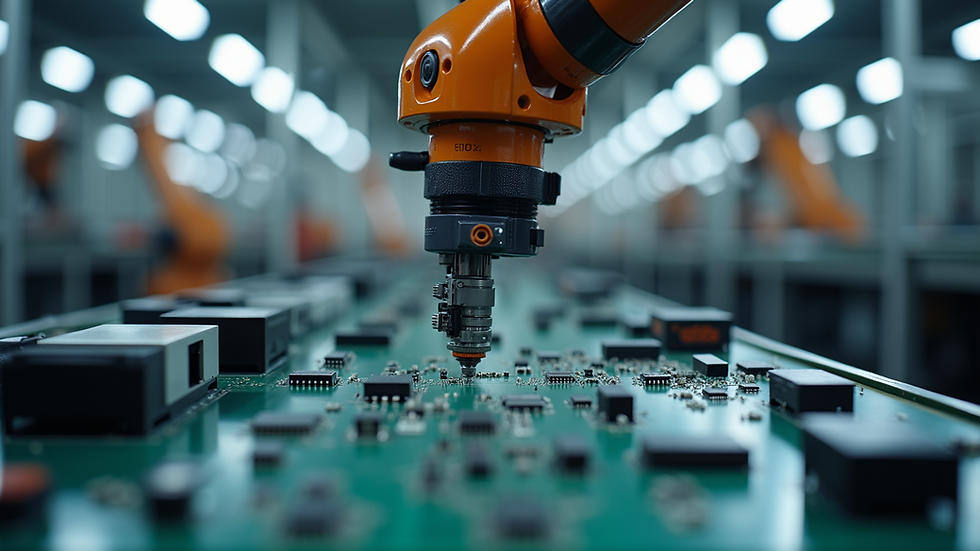 Close-up view of a robotic arm assembling electronic components in a factory