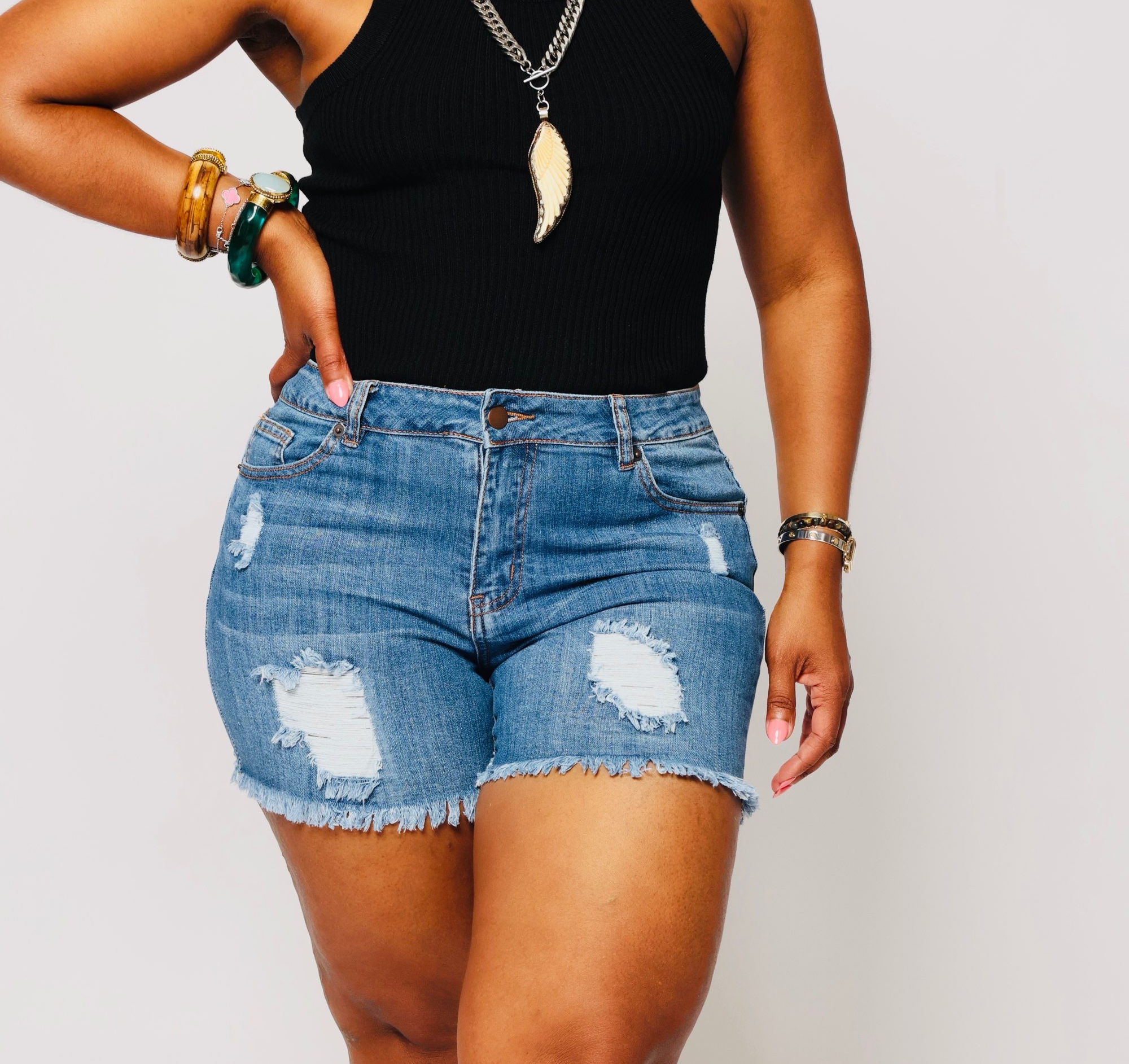 High Rise Distressed Denim Shorts