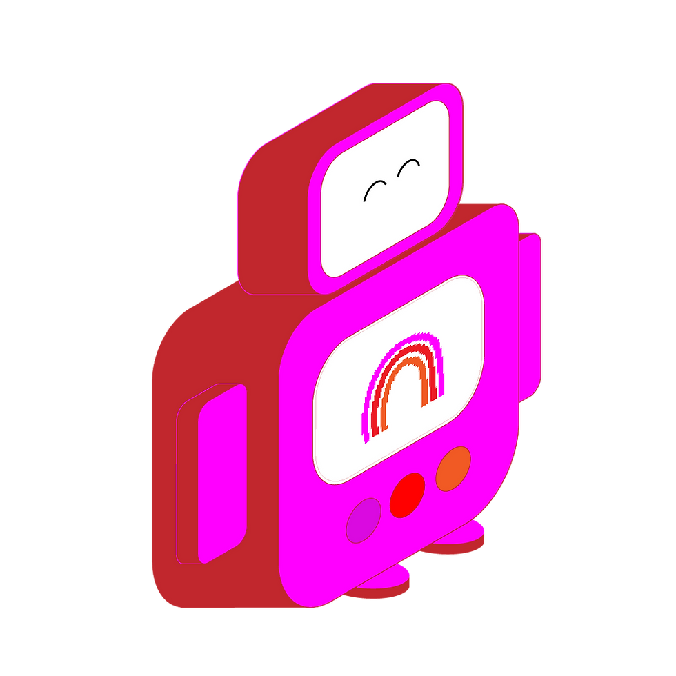 Design do mascote digital Beemax em perspectiva isométrica, cores rosa choque e vermelho - Projeto foi feito pela designer Bianca Gribel a Rebel Girl