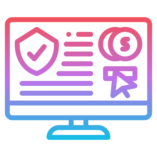 Gradient icon of a desktop screen with shield, cursor, and dollar symbol – representing ad security, pay-per-click campaigns, and trusted online transactions by Dasow.io