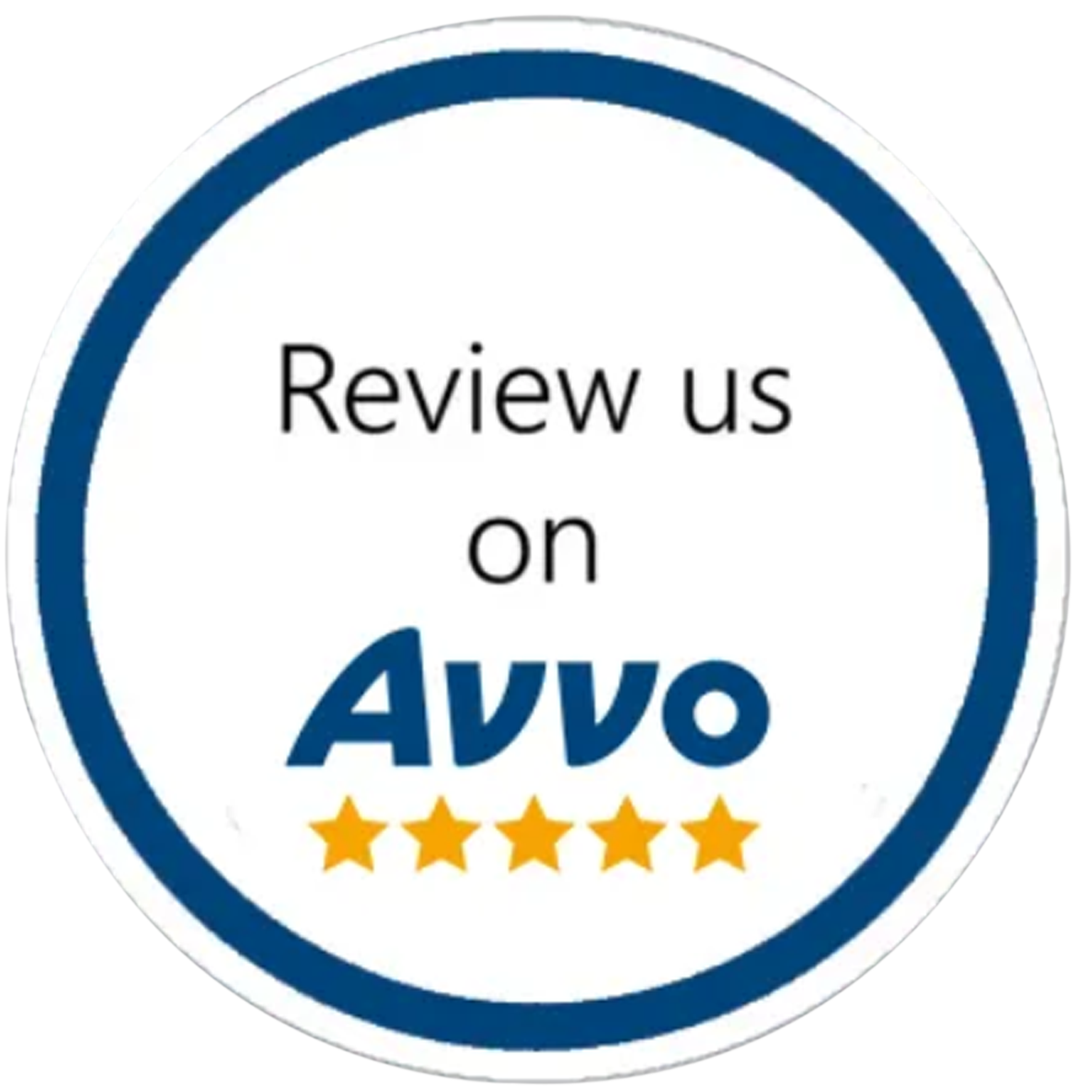 Circular badge with the text 'Review us on Avvo' and a five-star rating, representing client testimonials and reviews for the law firm on Avvo.