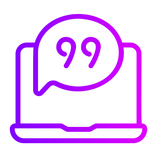 Gradient icon of a laptop with a speech bubble containing quotation marks – symbolizing testimonials, client feedback, or AI-powered copywriting by Dasow.io.