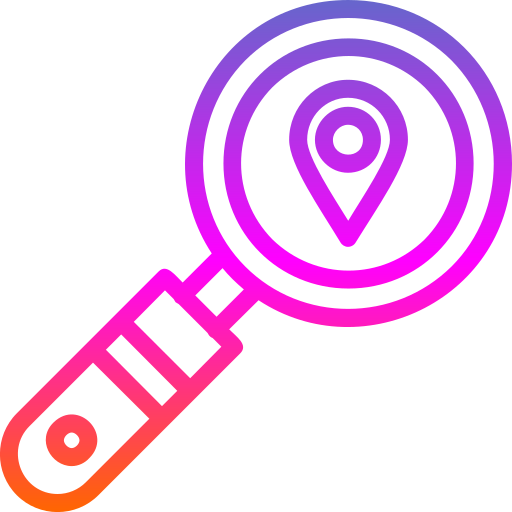 Gradient icon of a magnifying glass with a location pin – representing local SEO optimization, geo-targeted marketing, and map visibility by Dasow.io