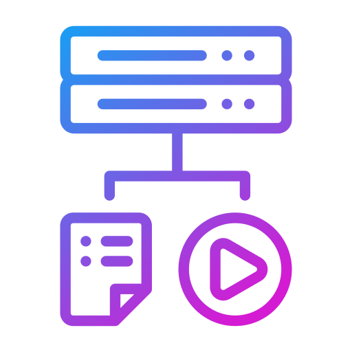 Gradient icon showing a server connected to a document and a play button – symbolizing content hosting, media delivery, and digital asset management by Dasow.io.