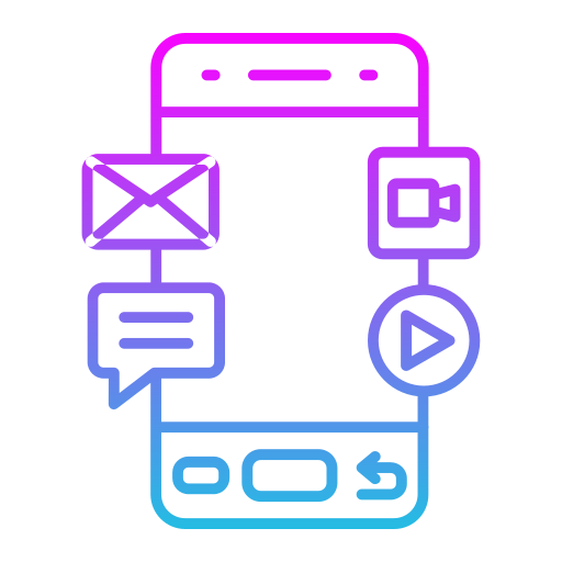 Stylized phone graphic with colorful app icons