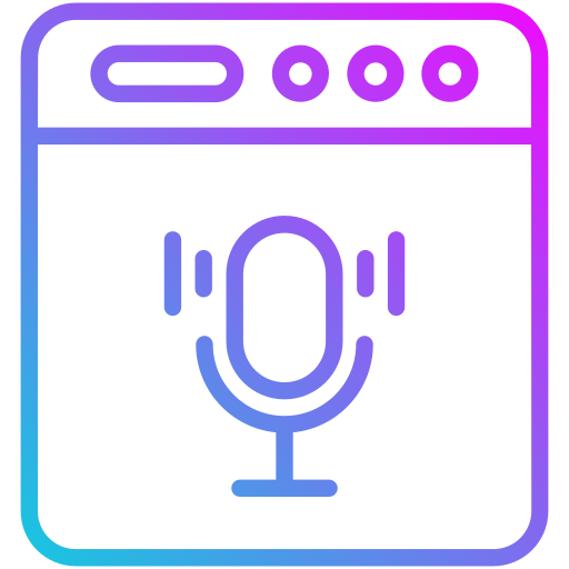 Gradient icon of a web browser window with a microphone – representing voice AI integration, smart virtual assistants, and conversational interfaces by Dasow.io.