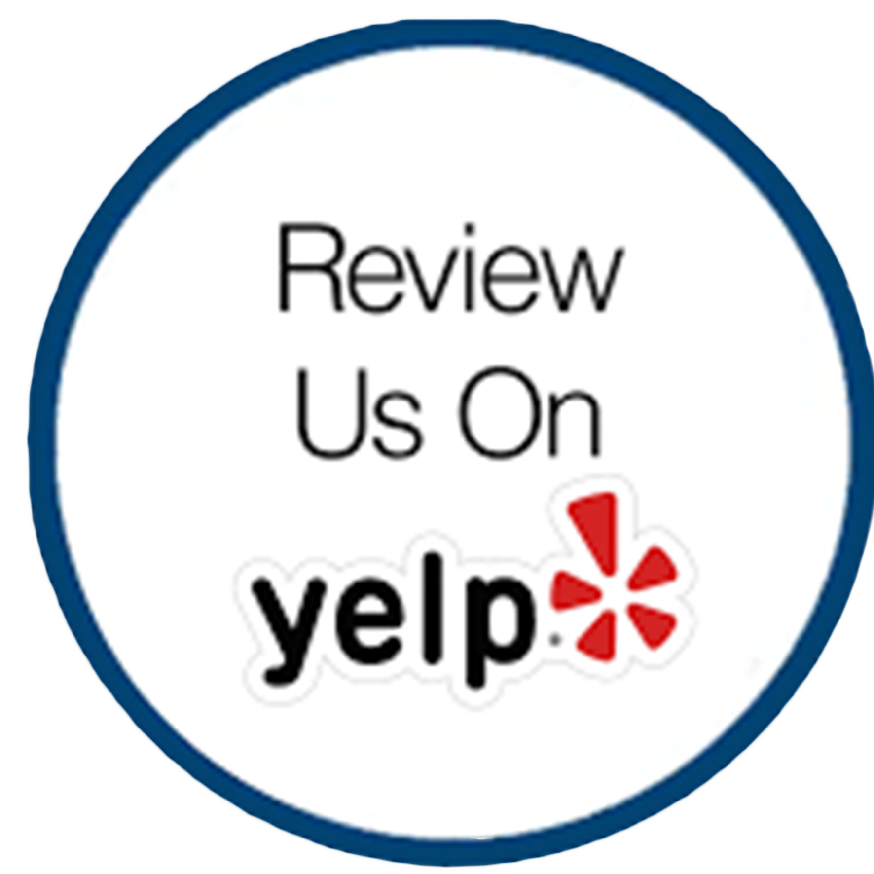 Circular badge with the text 'Review Us On Yelp' featuring the Yelp logo, encouraging clients to leave reviews for the law firm on Yelp.