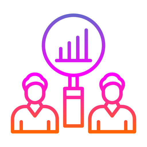 Gradient icon of two professionals with a magnifying glass showing a bar graph – representing team performance analysis, collaborative insights, or marketing audits by Dasow.io