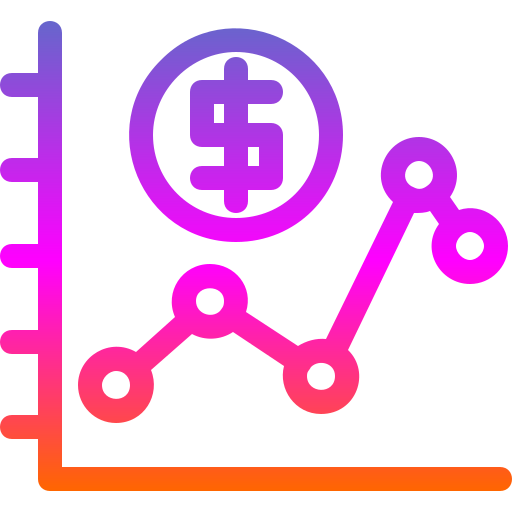Gradient icon of a rising line graph with dollar symbol – representing return on investment, campaign performance tracking, and revenue growth by Dasow.io