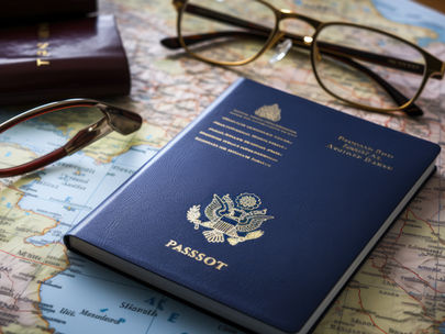 Blue passport and eyeglasses on a world map, with PASSPORT visible, suggesting travel planning.