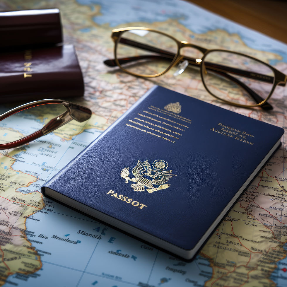 Blue passport and eyeglasses on a world map, with PASSPORT visible, suggesting travel planning.